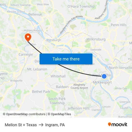 Mellon St + Texas to Ingram, PA map