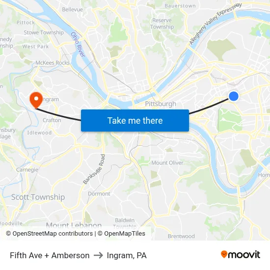 Fifth Ave + Amberson to Ingram, PA map