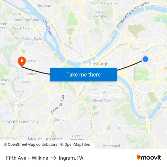 Fifth Ave + Wilkins to Ingram, PA map