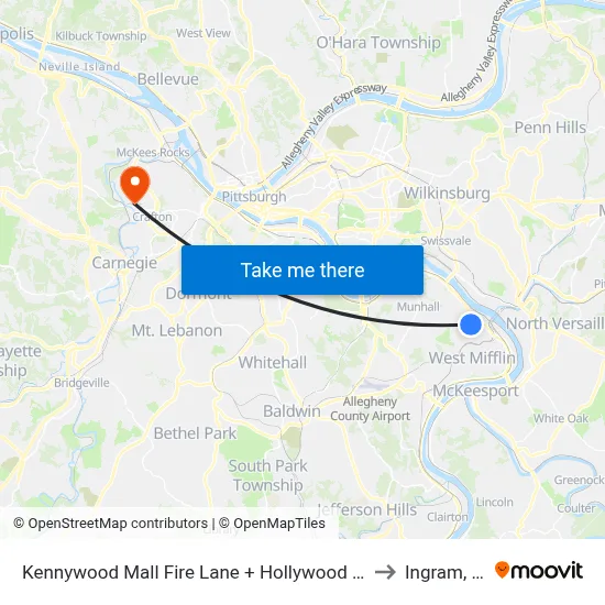 Kennywood Mall Fire Lane + Hollywood Video to Ingram, PA map