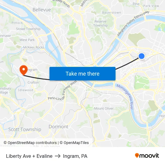 Liberty Ave + Evaline to Ingram, PA map