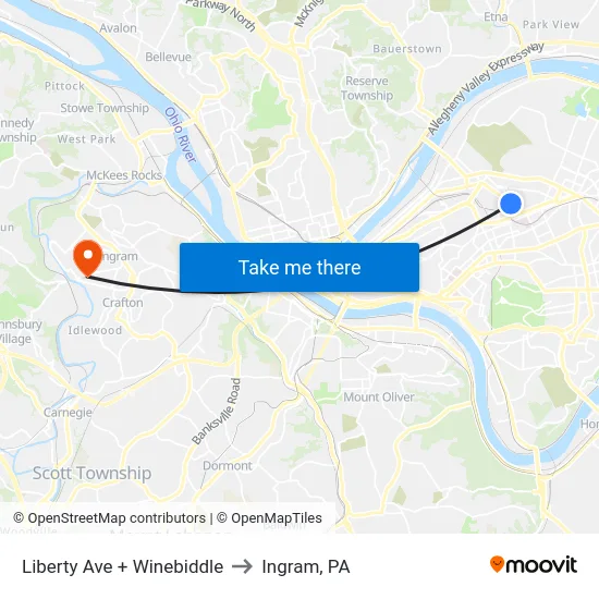 Liberty Ave + Winebiddle to Ingram, PA map
