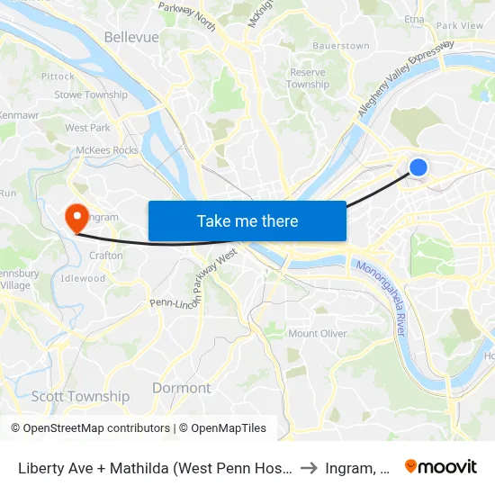 Liberty Ave + Mathilda (West Penn Hosp) to Ingram, PA map