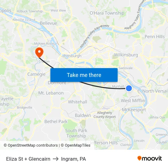 Eliza St + Glencairn to Ingram, PA map