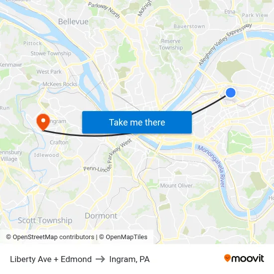 Liberty Ave + Edmond to Ingram, PA map