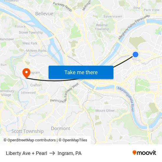 Liberty Ave + Pearl to Ingram, PA map