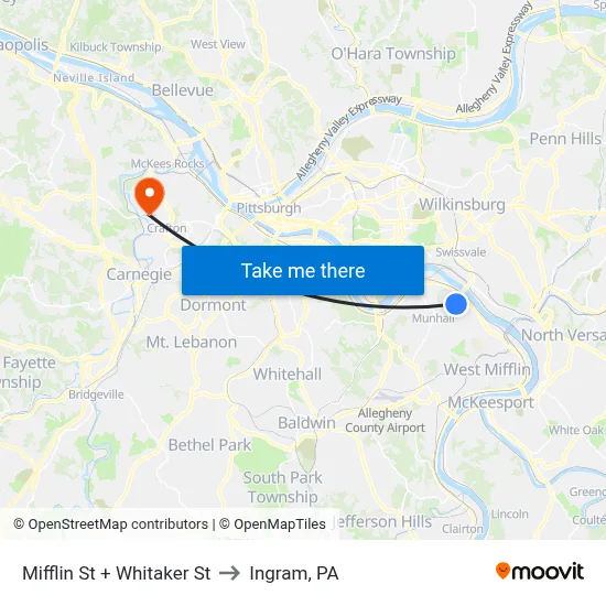 Mifflin St + Whitaker St to Ingram, PA map