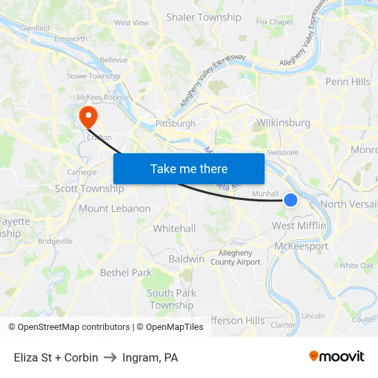 Eliza St + Corbin to Ingram, PA map