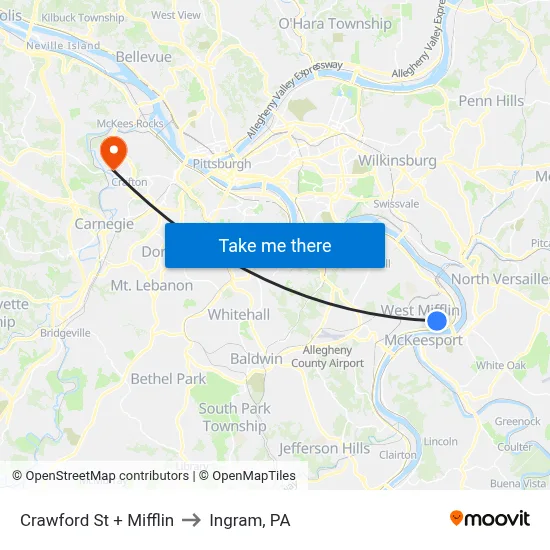 Crawford St + Mifflin to Ingram, PA map