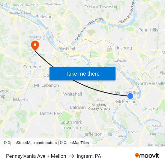 Pennsylvania Ave + Mellon to Ingram, PA map