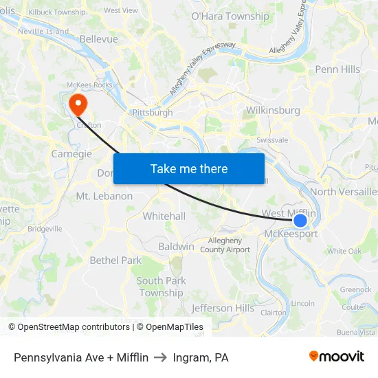 Pennsylvania Ave + Mifflin to Ingram, PA map