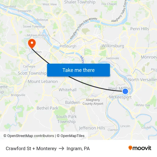 Crawford St + Monterey to Ingram, PA map