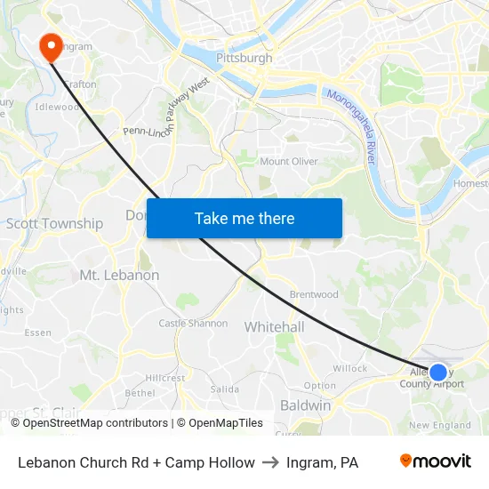 Lebanon Church Rd + Camp Hollow to Ingram, PA map