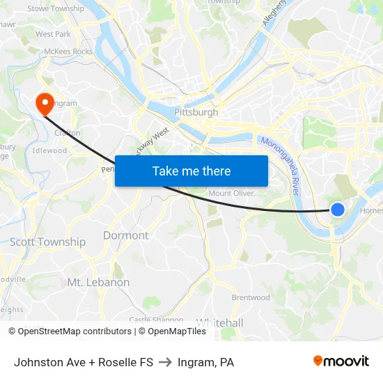 Johnston Ave + Roselle FS to Ingram, PA map