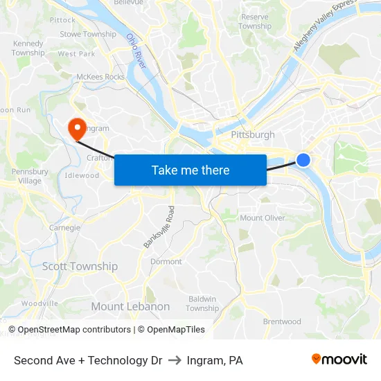 Second Ave + Technology Dr to Ingram, PA map