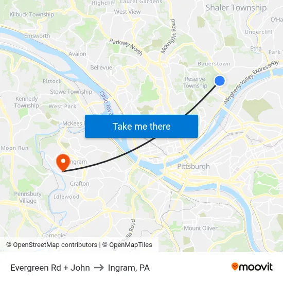 Evergreen Rd + John to Ingram, PA map