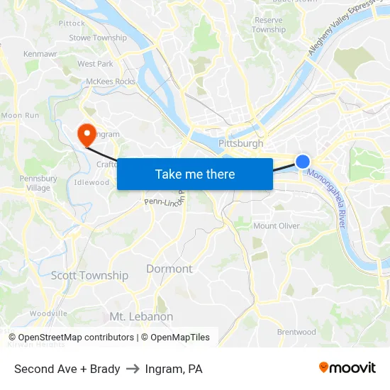 Second Ave + Brady to Ingram, PA map