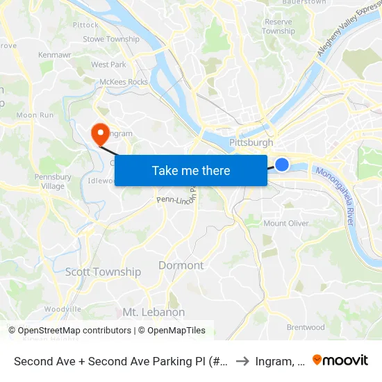 Second Ave + Second Ave Parking Pl (#1250) to Ingram, PA map