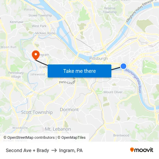 Second Ave + Brady to Ingram, PA map