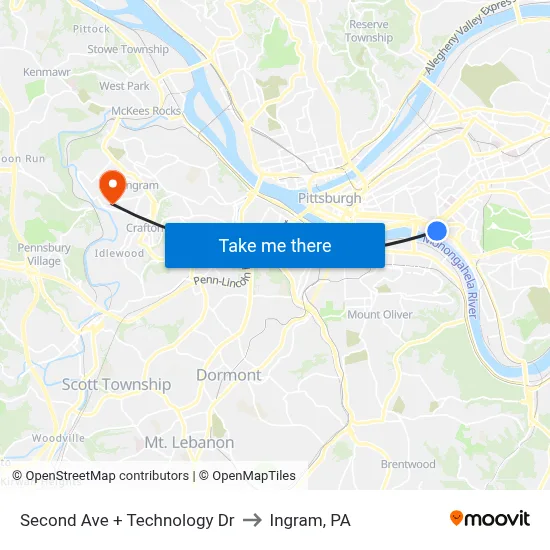 Second Ave + Technology Dr to Ingram, PA map