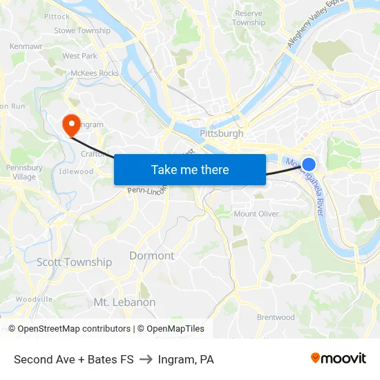Second Ave + Bates FS to Ingram, PA map