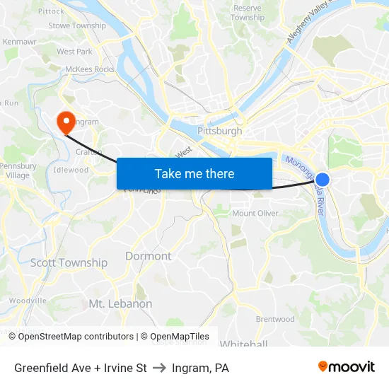 Greenfield Ave + Irvine St to Ingram, PA map