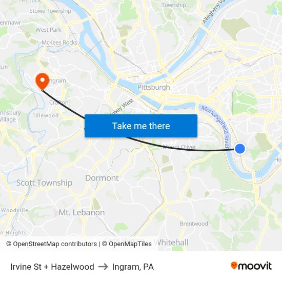 Irvine St + Hazelwood to Ingram, PA map