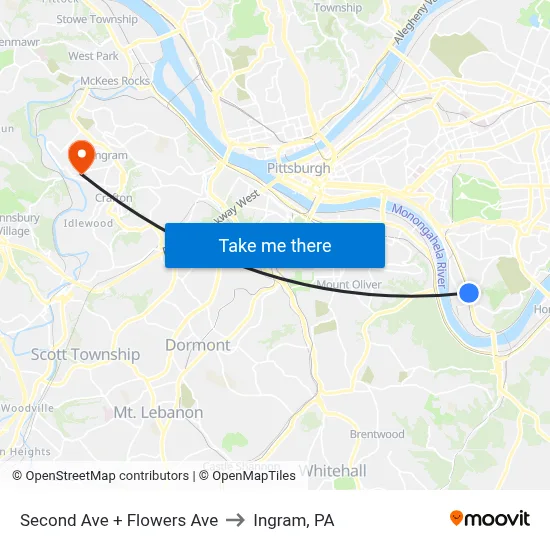 Second Ave + Flowers Ave to Ingram, PA map