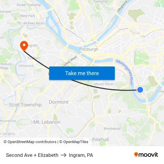 Second Ave + Elizabeth to Ingram, PA map