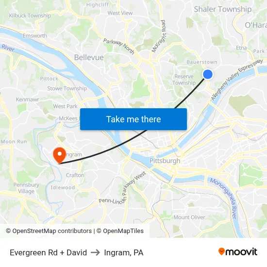 Evergreen Rd + David to Ingram, PA map