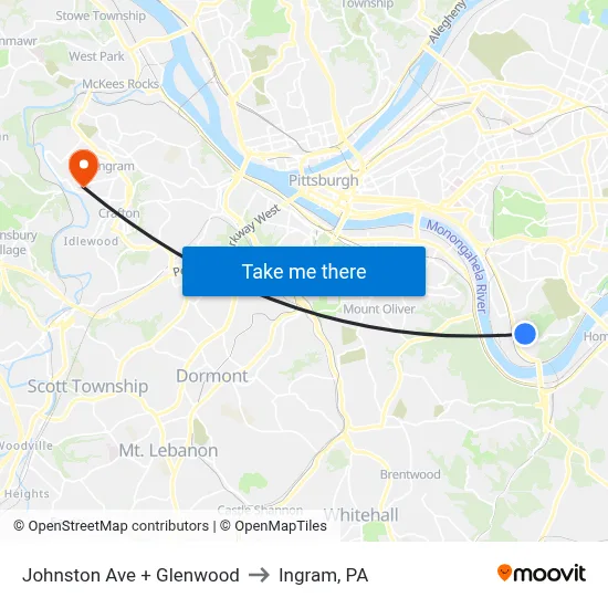 Johnston Ave + Glenwood to Ingram, PA map