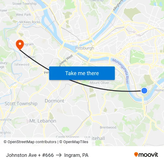 Johnston Ave + #666 to Ingram, PA map