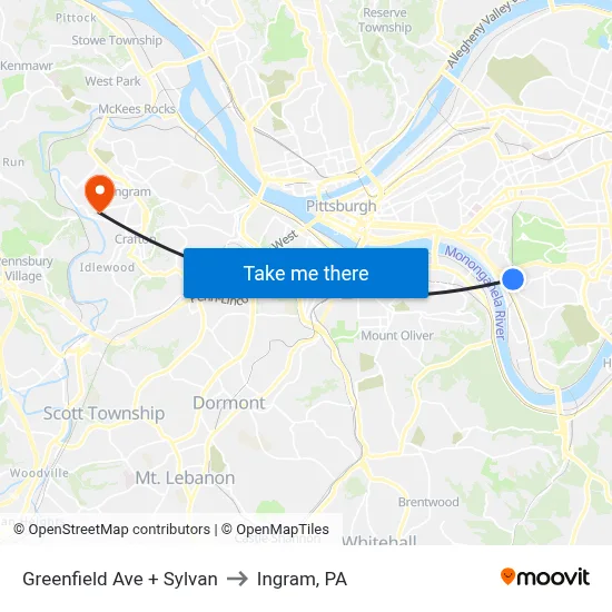 Greenfield Ave + Sylvan to Ingram, PA map