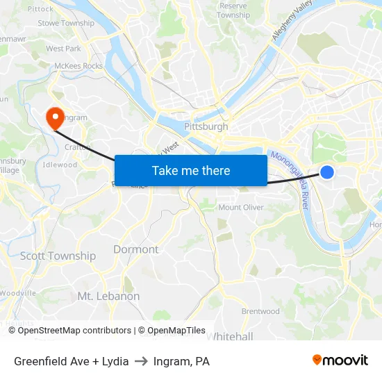Greenfield Ave + Lydia to Ingram, PA map