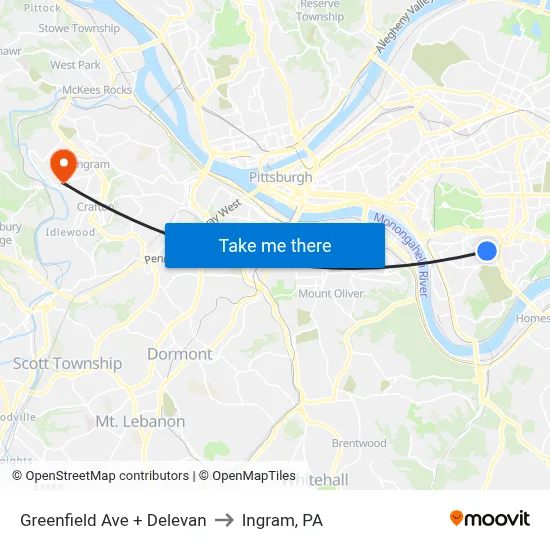 Greenfield Ave + Delevan to Ingram, PA map