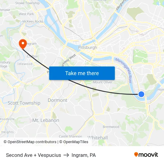 Second Ave + Vespucius to Ingram, PA map