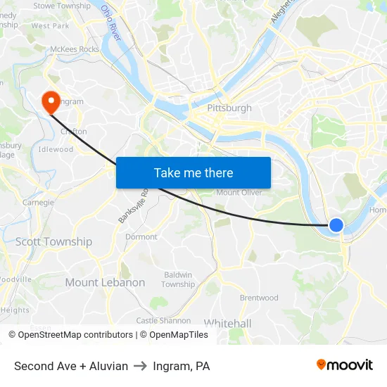 Second Ave + Aluvian to Ingram, PA map