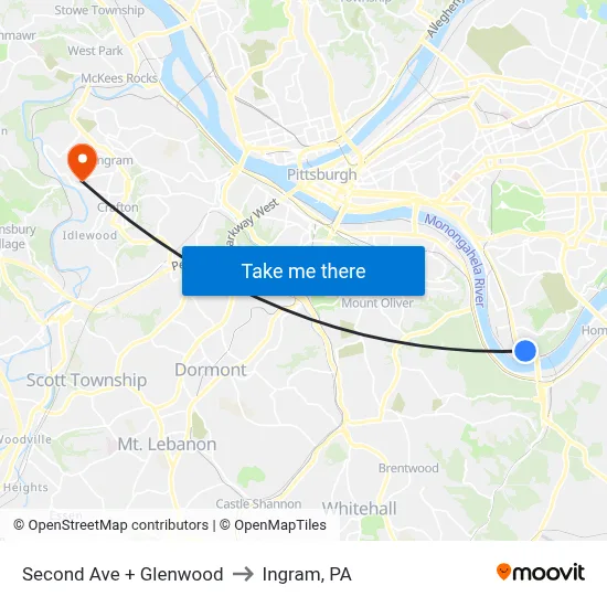 Second Ave + Glenwood to Ingram, PA map