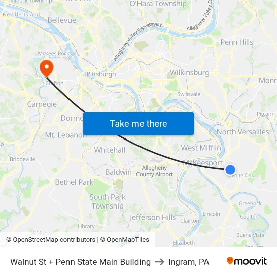 Walnut St + Penn State Main Building to Ingram, PA map