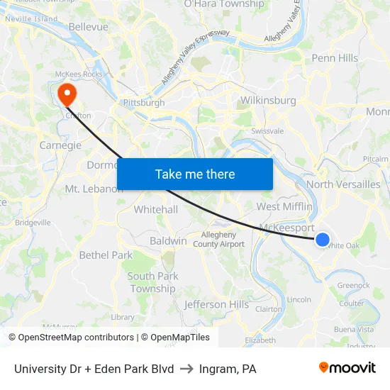 University Dr + Eden Park Blvd to Ingram, PA map