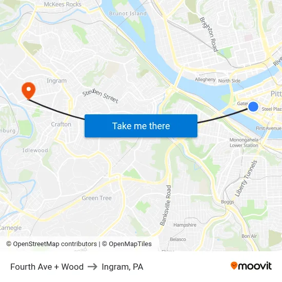 Fourth Ave + Wood to Ingram, PA map