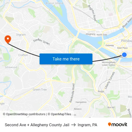 Second Ave + Allegheny County Jail to Ingram, PA map