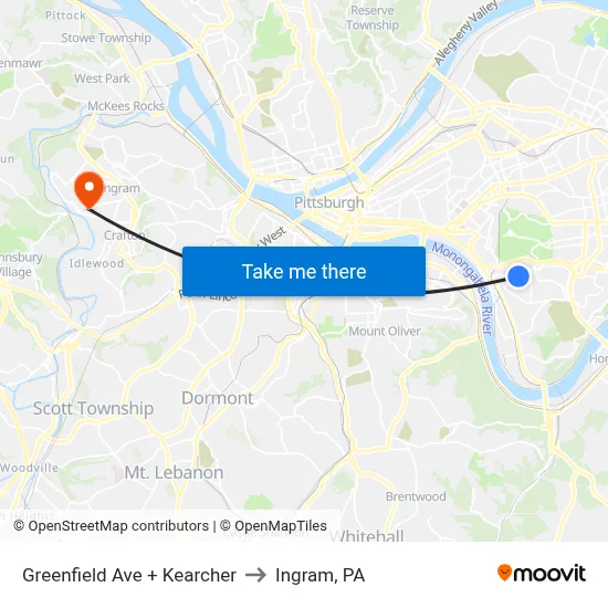 Greenfield Ave + Kearcher to Ingram, PA map