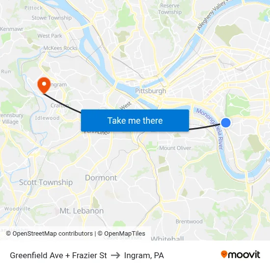 Greenfield Ave + Frazier St to Ingram, PA map