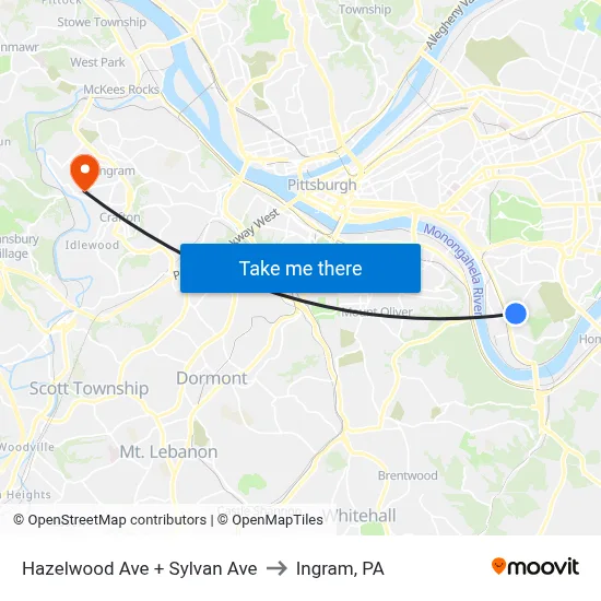 Hazelwood Ave + Sylvan Ave to Ingram, PA map