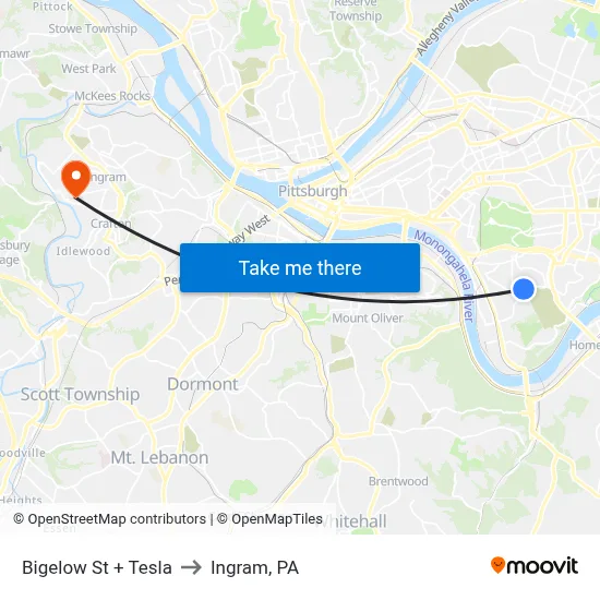 Bigelow St + Tesla to Ingram, PA map