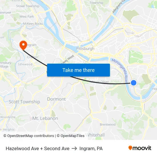 Hazelwood Ave + Second Ave to Ingram, PA map