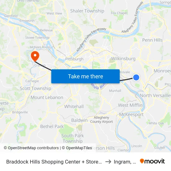 Braddock Hills Shopping Center + Storefront to Ingram, PA map