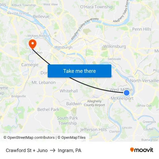 Crawford St + Juno to Ingram, PA map