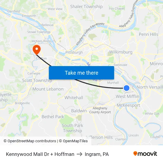 Kennywood Mall Dr + Hoffman to Ingram, PA map